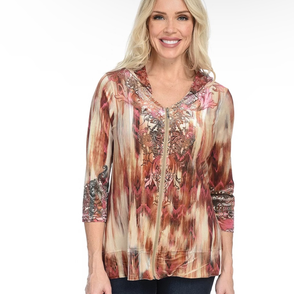Women’s One World Red Printed Knit & Velvet 3/4 Sleeve Zip Front Hoodie